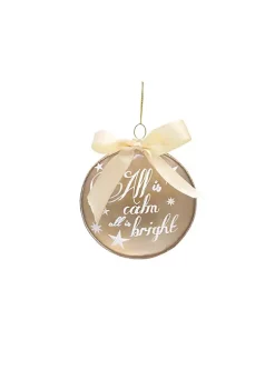 Front Page 49 Budget π Melrose 4" Ivory and Brown 'All is Calm All is Bright' Glass Disc π Christmas Ornament π