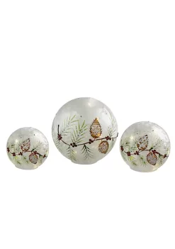 Hot Sale 👍 Melrose Set of 3 LED Frosted Snowball Berries and Pine Glass 🔔 Christmas Globes with Timer - 8" ⌛