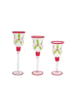 Wholesale 👏 Melrose Set of 3 White and Red Glass Holly Candle Holders 🎄 Christmas Decor 15.75" 🛒