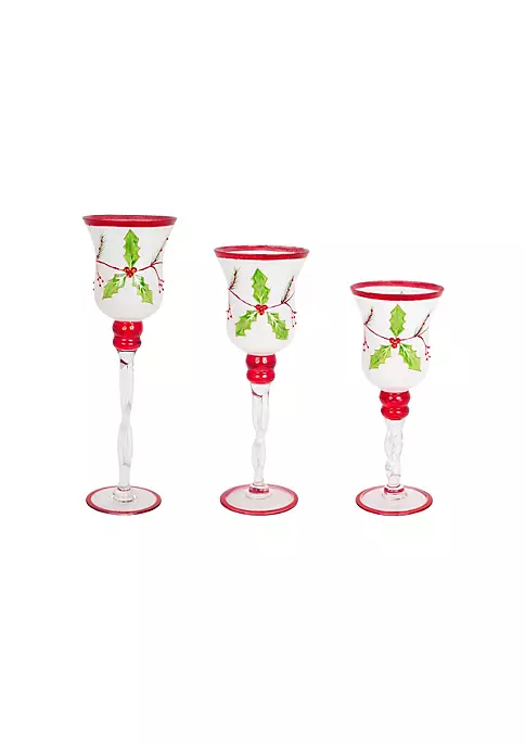 Wholesale 👏 Melrose Set of 3 White and Red Glass Holly Candle Holders 🎄 Christmas Decor 15.75" 🛒 1 Wholesale 👏 Melrose Set of 3 White and Red Glass Holly Candle Holders 🎄 Christmas Decor 15.75" 🛒