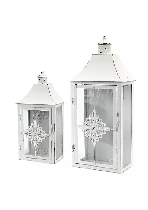 Coupon 🎁 Melrose Set of 2 Vintage White Distressed Pillar Candle Lanterns 19.5" 😀 2 Coupon 🎁 Melrose Set of 2 Vintage White Distressed Pillar Candle Lanterns 19.5" 😀 - Image 2