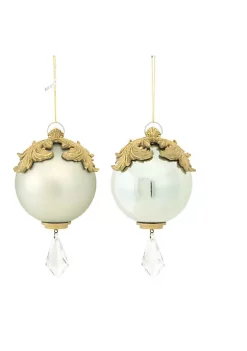 Cheap 🔔 Melrose Set of 2 White and Gold Raised Acanthus Leaf with Clear Jewel Dangle 🔔 Christmas Ornament 6.5" 👍
