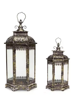 Best deal ๐ฅฐ Melrose Set of 2 Antique Style Pewter Gray Decorative Glass Pillar Candle Lanterns 34" ๐