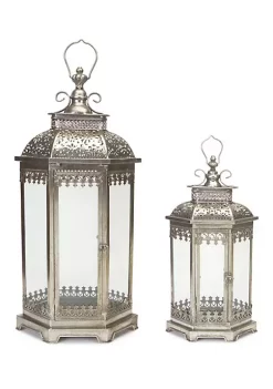 Buy ๐ Melrose Set of 2 Antique Style Silver Decorative Glass Pillar Candle Lanterns 34" โญ