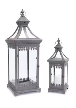 Wholesale โจ Melrose Set of 2 Brocade Bourgeoisie Weathered Metal and Glass Pillar Candle Holder Lanterns 29" ๐