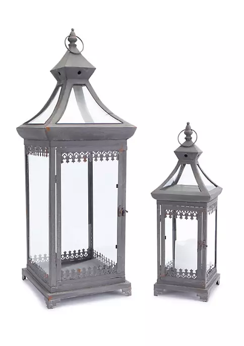 Wholesale ✨ Melrose Set of 2 Brocade Bourgeoisie Weathered Metal and Glass Pillar Candle Holder Lanterns 29" 😉 2 Wholesale ✨ Melrose Set of 2 Brocade Bourgeoisie Weathered Metal and Glass Pillar Candle Holder Lanterns 29" 😉 - Image 2