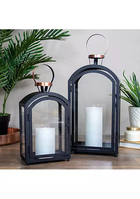 Outlet 😀 Melrose Set of 2 Black Metal Dome Lanterns with Copper Handle 20" 🔔 2 Outlet 😀 Melrose Set of 2 Black Metal Dome Lanterns with Copper Handle 20" 🔔 - Image 2