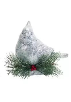 Coupon ✔️ Melrose 8.75" Gray and Green Cardinal Perched on Log with Pine Cones 🎅 Christmas Tabletop Decor 🛒